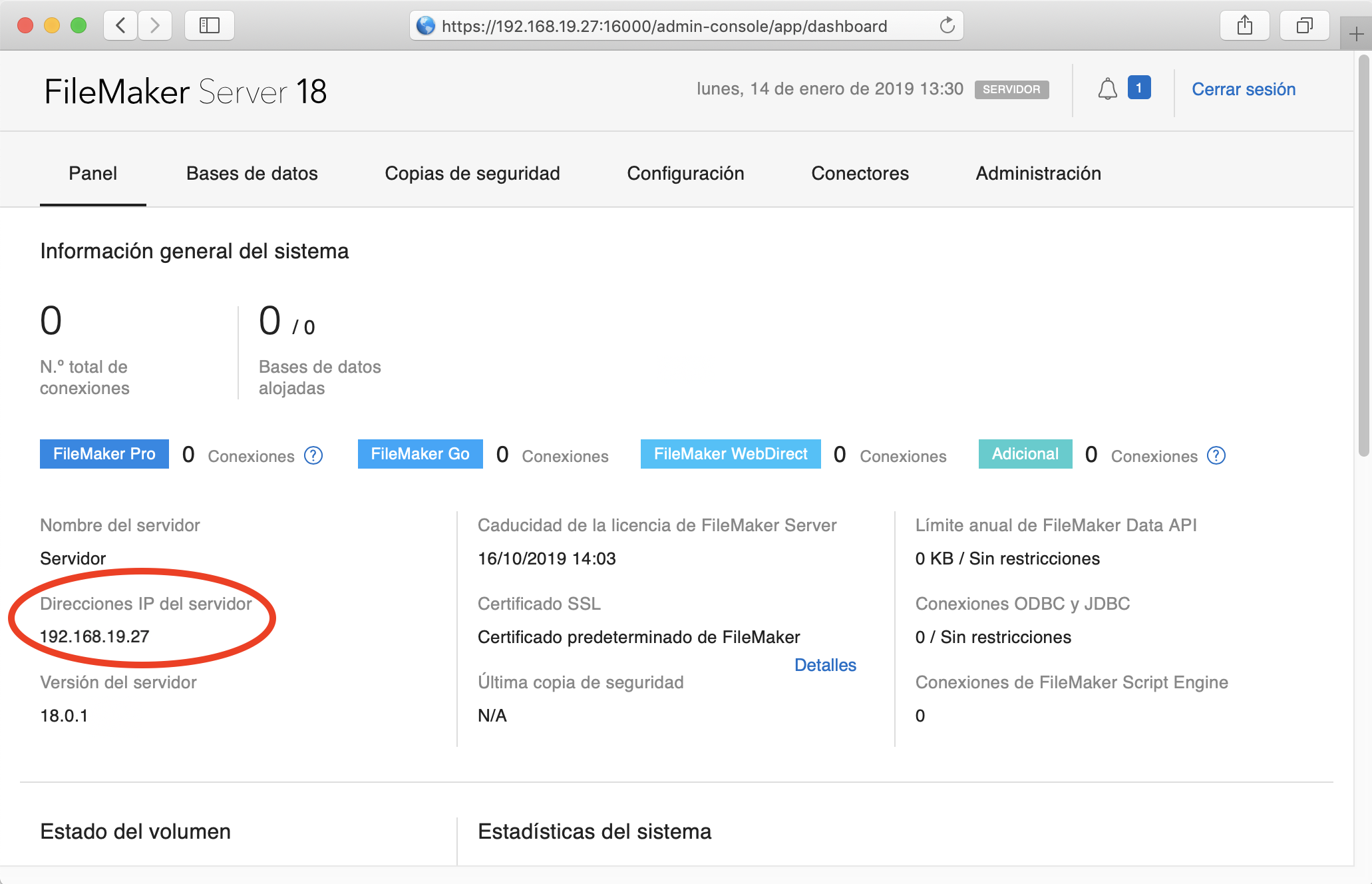 Admin Console de FileMaker Server mostrando la dirección IP del servidor