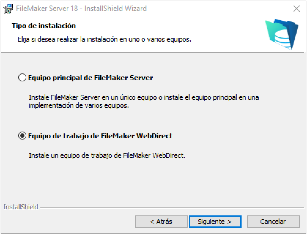 Página del instalador que permite seleccionar la designación principal/de trabajo con el equipo de trabajo seleccionado