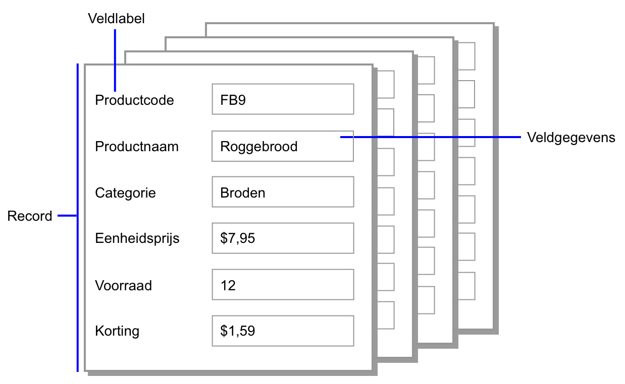 Voorbeeld van records, veldgegevens en veldlabels