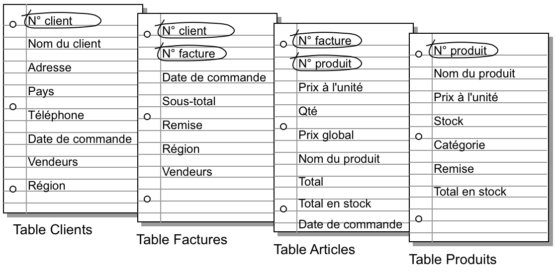 Rubriques clés encerclées dans chaque table