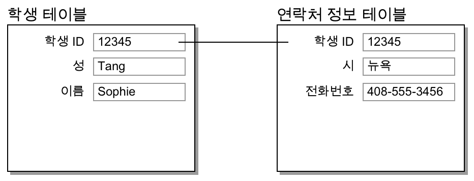 일대일 관계의 결과를 표시하는 학생 및 연락처 정보 테이블에 있는 레코드