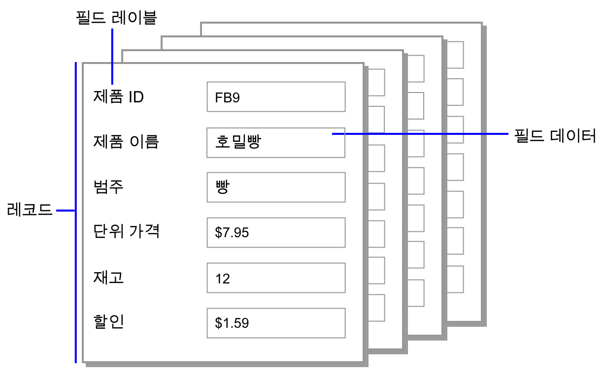 레코드, 필드 데이터와 필드 레이블의 예