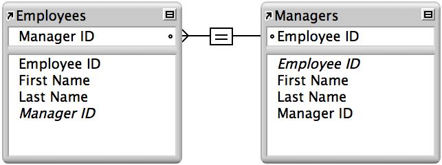 Two occurrences of the same table with a line between fields showing a self-join