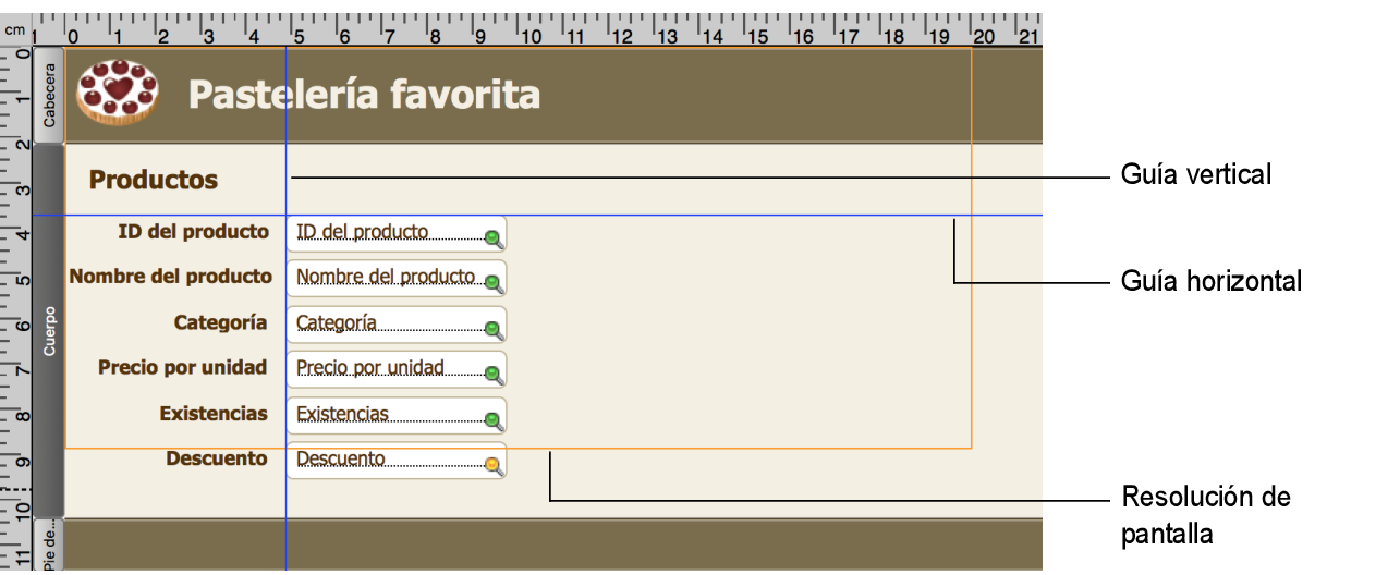 Presentación en la que se muestran las guías vertical y horizontal, y la resolución de pantalla