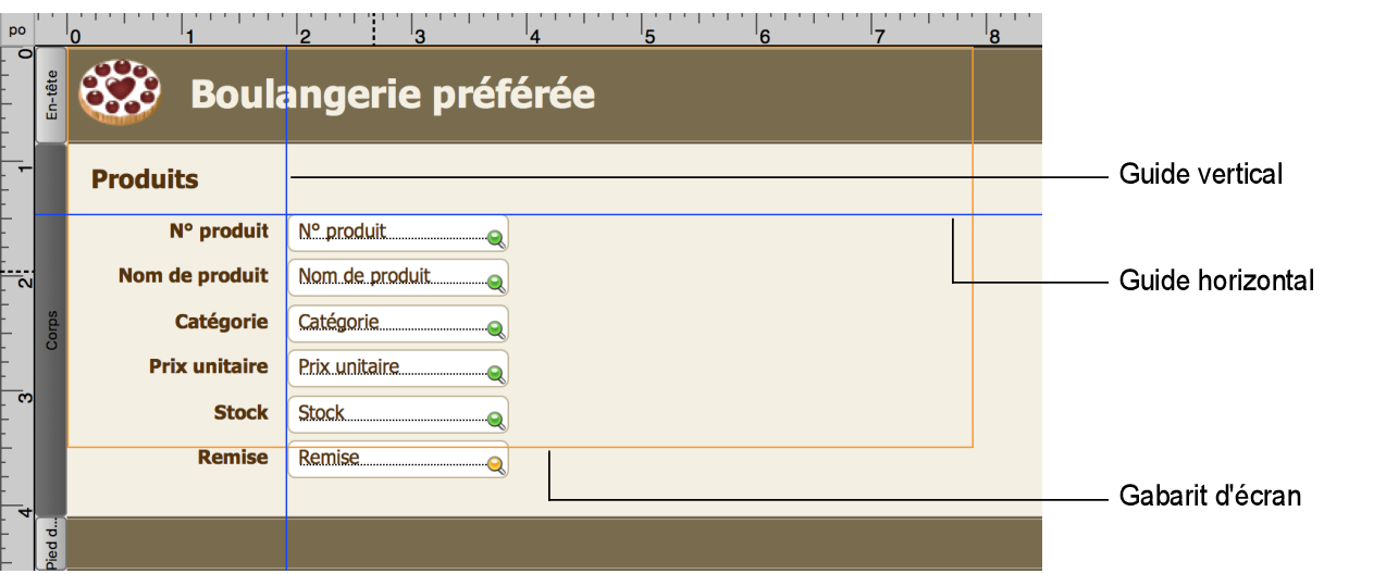 Modèle avec guides horizontaux et verticaux et gabarit d'écran affiché