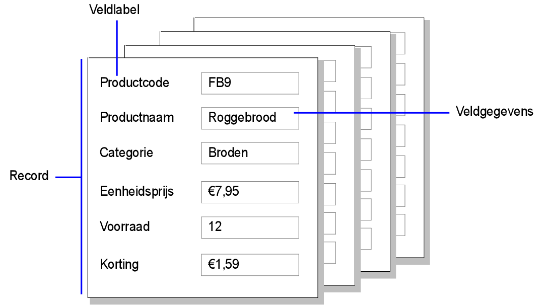 Voorbeeld van records, veldgegevens en veldlabels