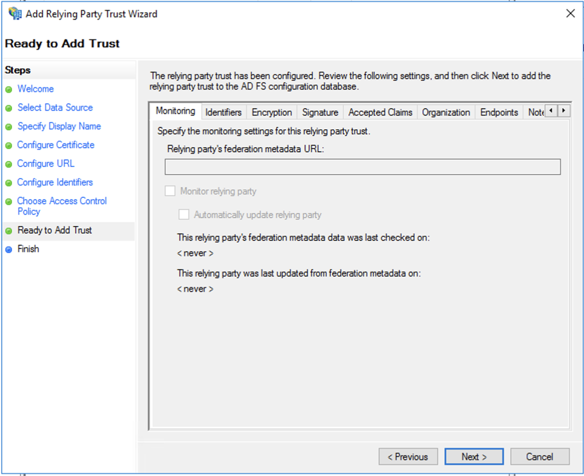 Active Directory-Verbunddienste, Vertrauensassistent der vertrauenden Seite, bereit zum Hinzufügen von Vertrauensstellung