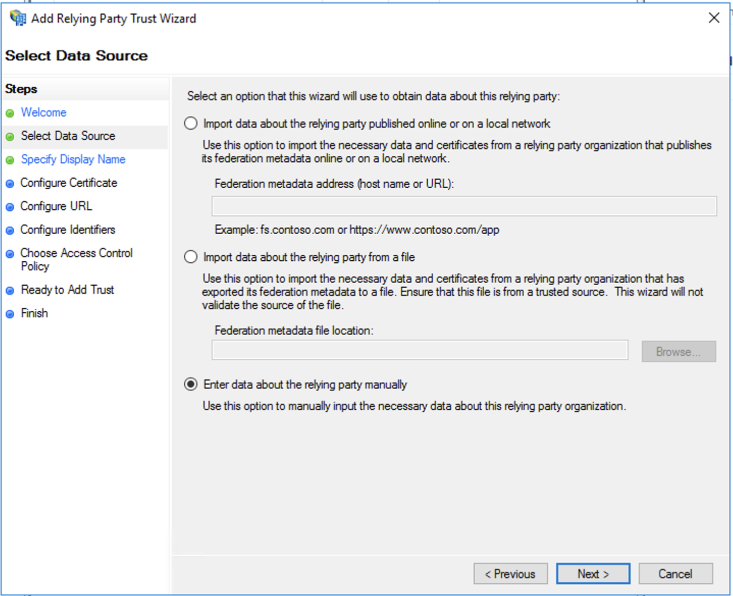 Active Directory-Verbunddienste, Vertrauensassistent der vertrauenden Seite, Datenquelle angeben