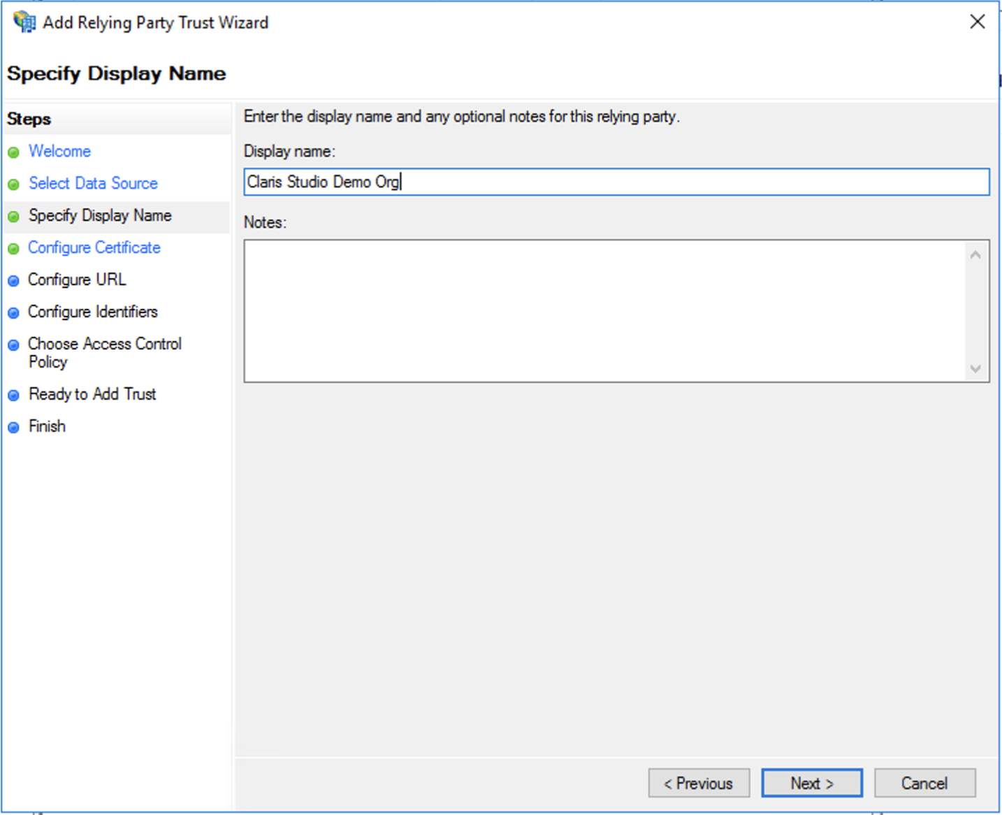 Active Directory-Verbunddienste, Vertrauensassistent der vertrauenden Seite, Anzeigename angeben