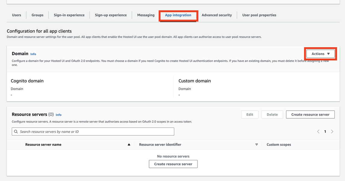 Amazon Cognito, App-Integration, Aktionen > Domäne erstellen