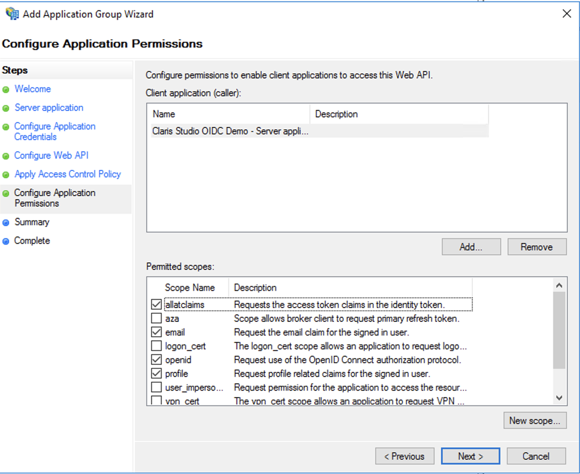 Active Directory-Verbunddienste, App-Gruppen-Assistent, App-Berechtigungen
