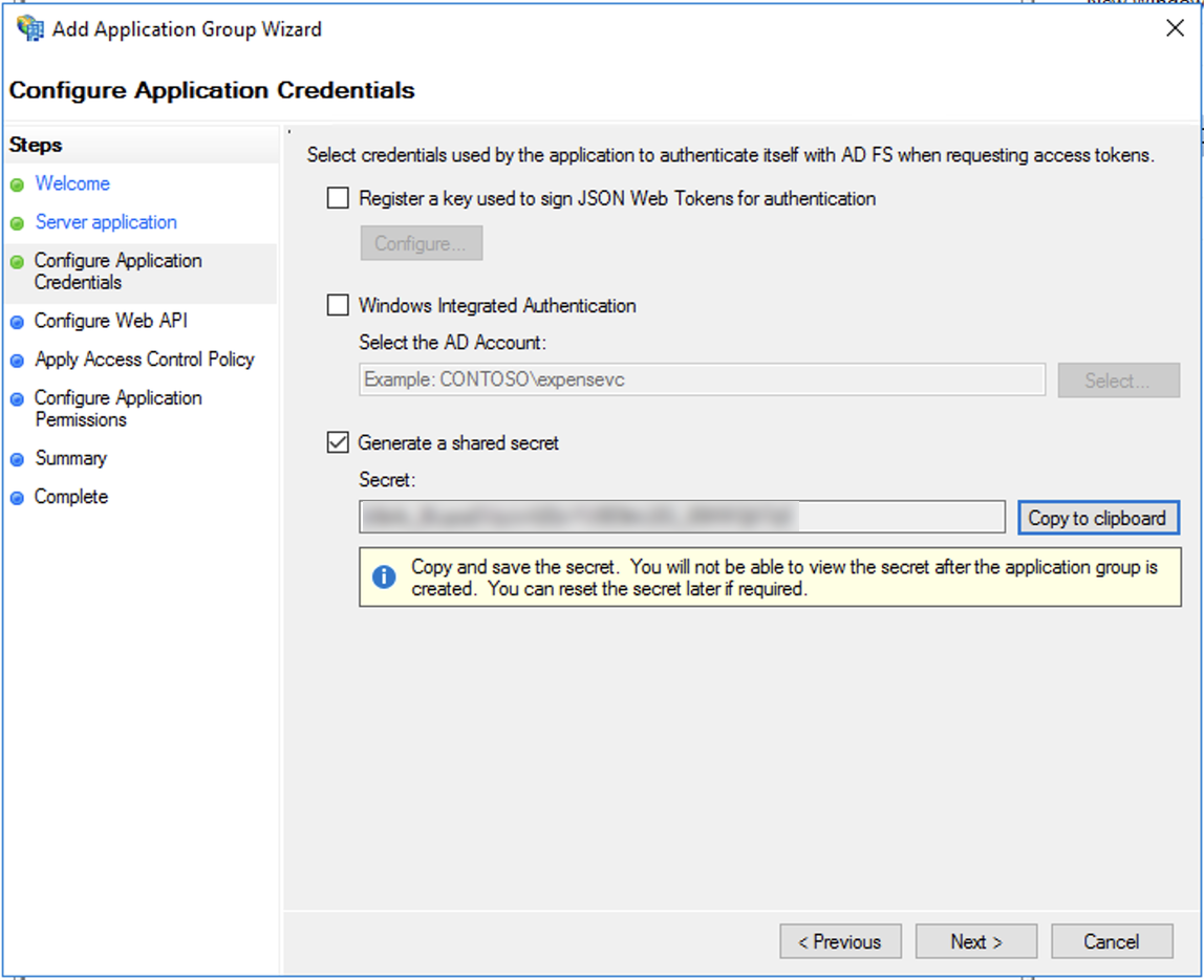 Active Directory-Verbunddienste, App-Gruppen-Assistent, gemeinsames Secret