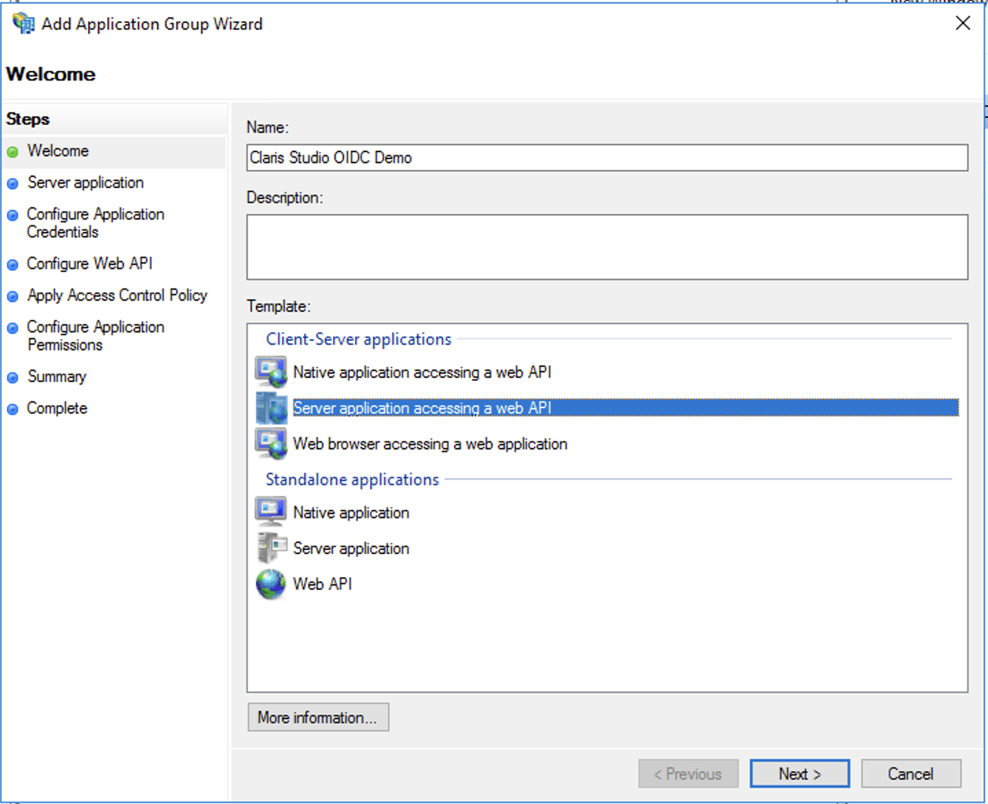 Active Directory-Verbunddienste, App-Gruppen-Assistent-Vorlage, Web-API