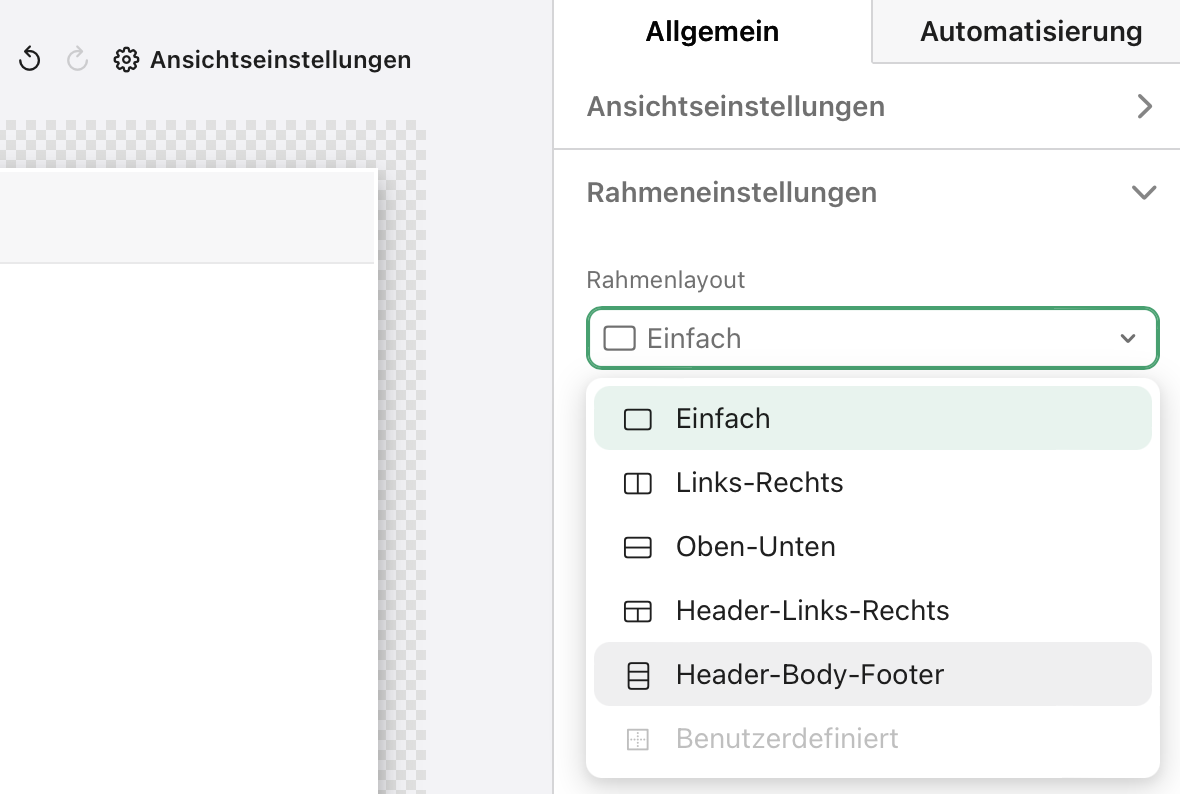 Rahmen, Rahmeneinstellungen, Rahmenlayout