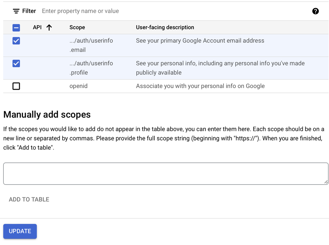 Google Workspace OIDC, Bereiche hinzufügen