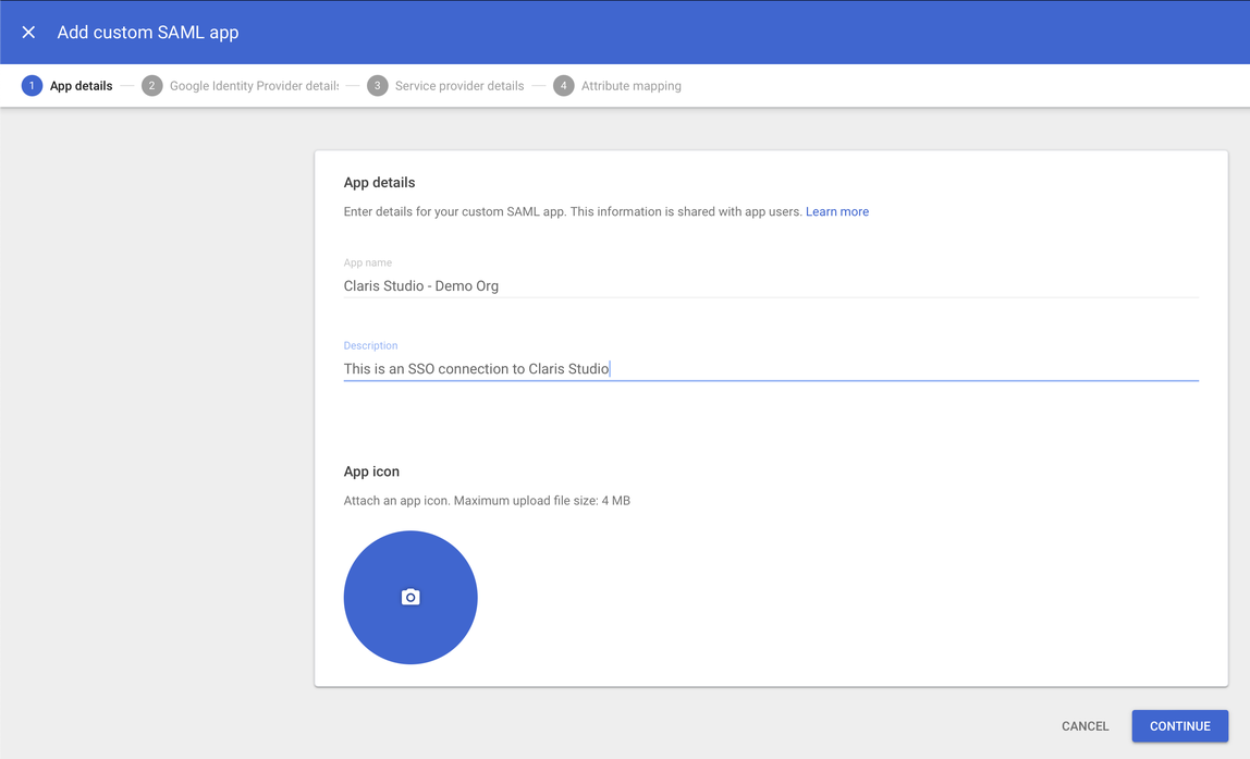 Google Workspace SAML, Details zur benutzerdefinierten SAML-App