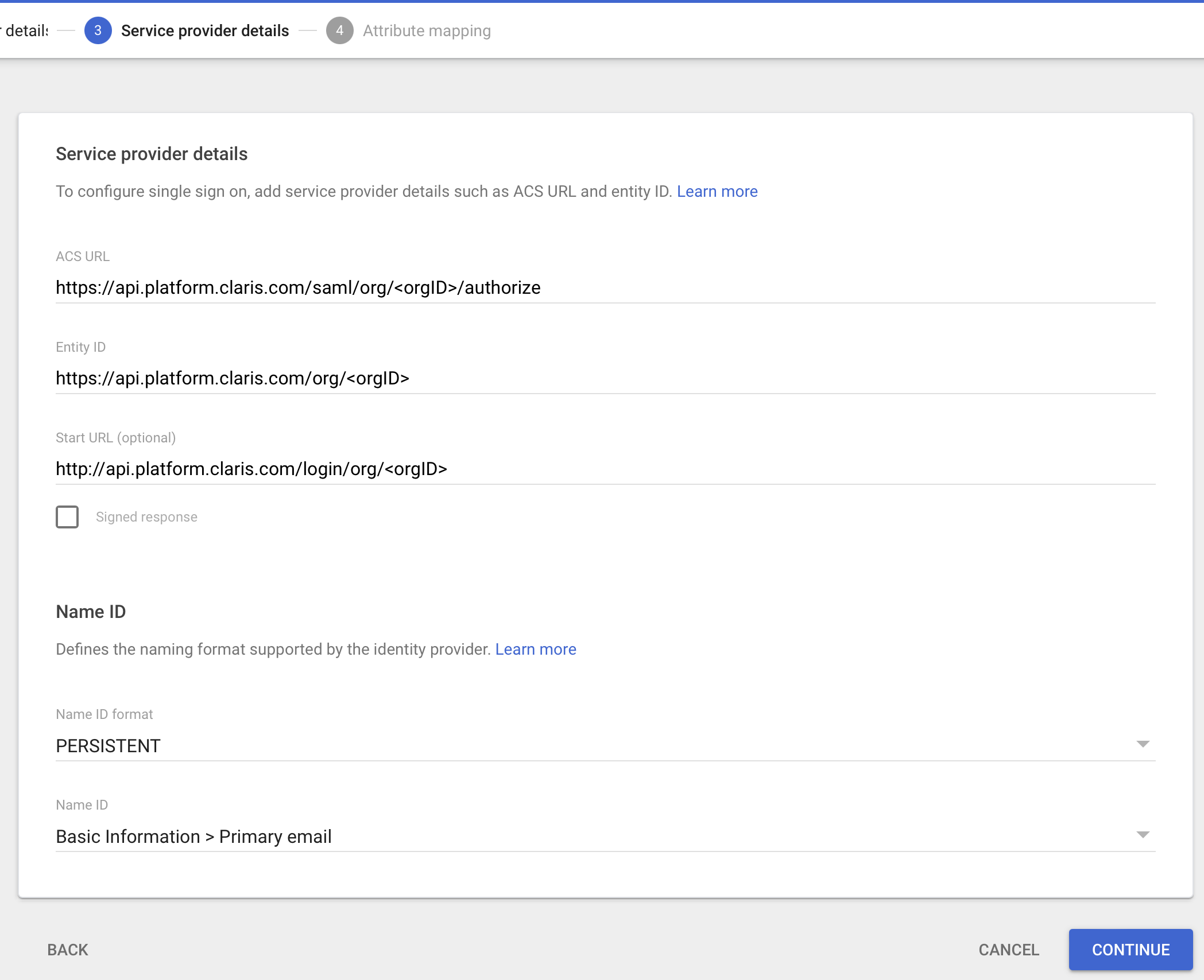 Google Workspace SAML, Dienstanbieter-Details