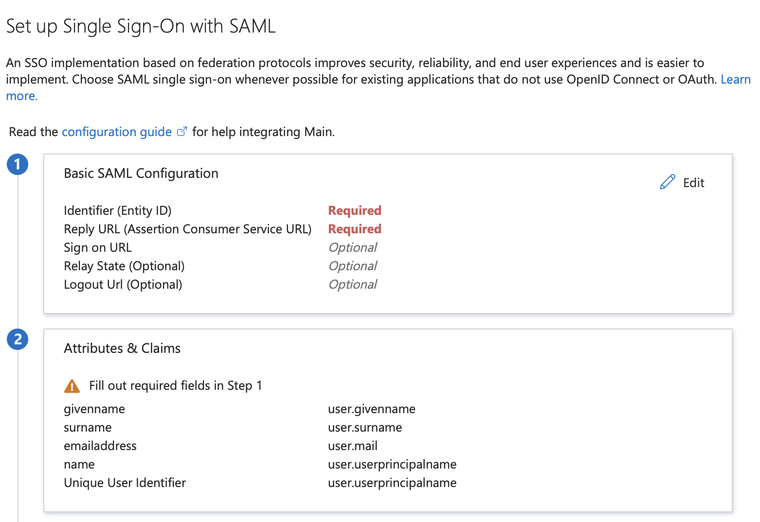 Microsoft Azure, Grundlegende SAML-Konfiguration
