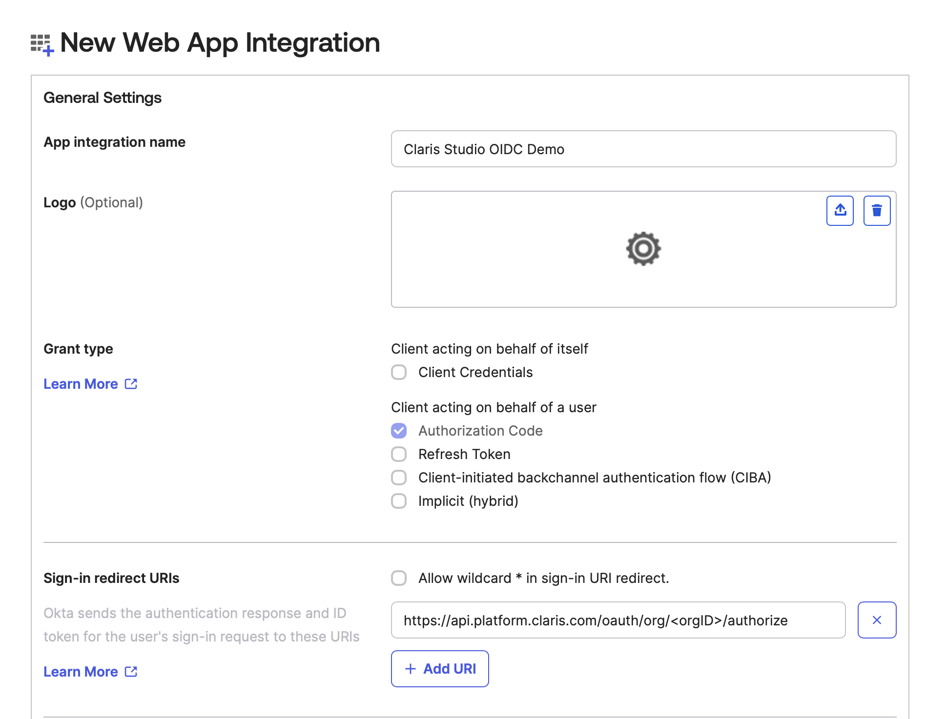 Okta, Neue Web-App-Integration, App-Integrationsname, Weiterleitungs-URIs für Anmeldung
