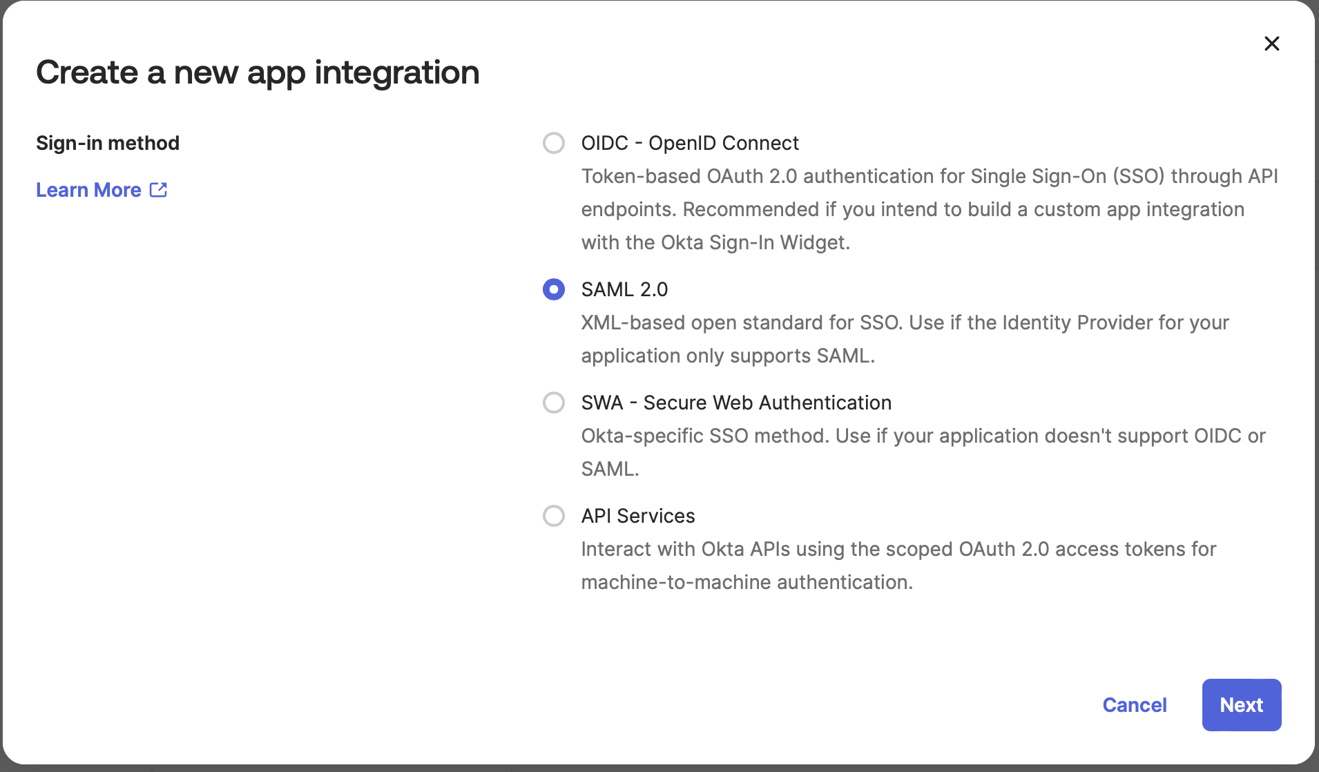 Okta, Neue App-Integration erstellen, SAML 2.0