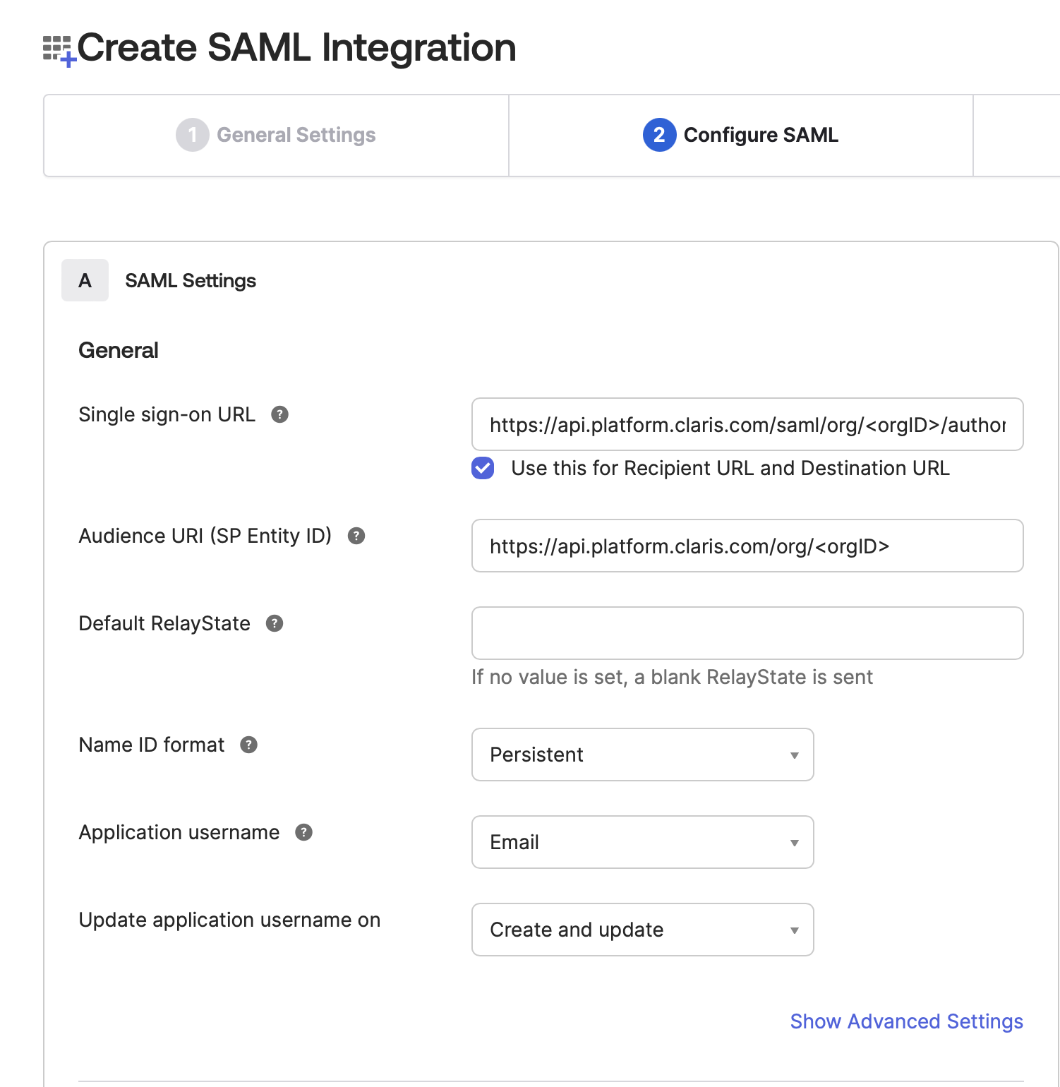 Okta, SAML-Integration erstellen, SAML konfigurieren, SAML-Einstellungen