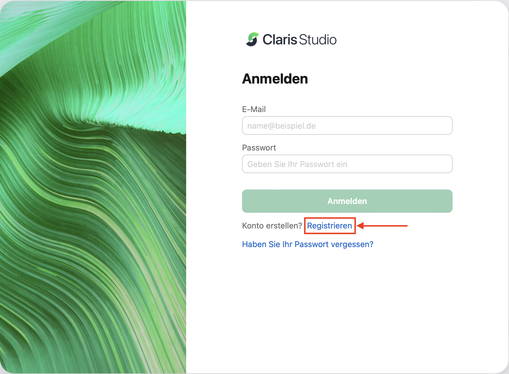 Claris Studio-Seite „Anmelden“ oder „Registrieren“ mit Registrierung angegeben