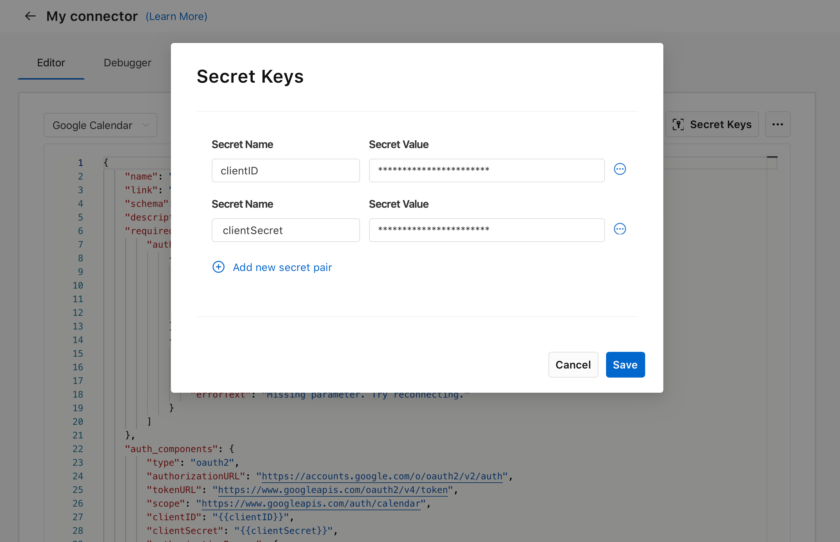 Custom connectors, Secret Keys dialog