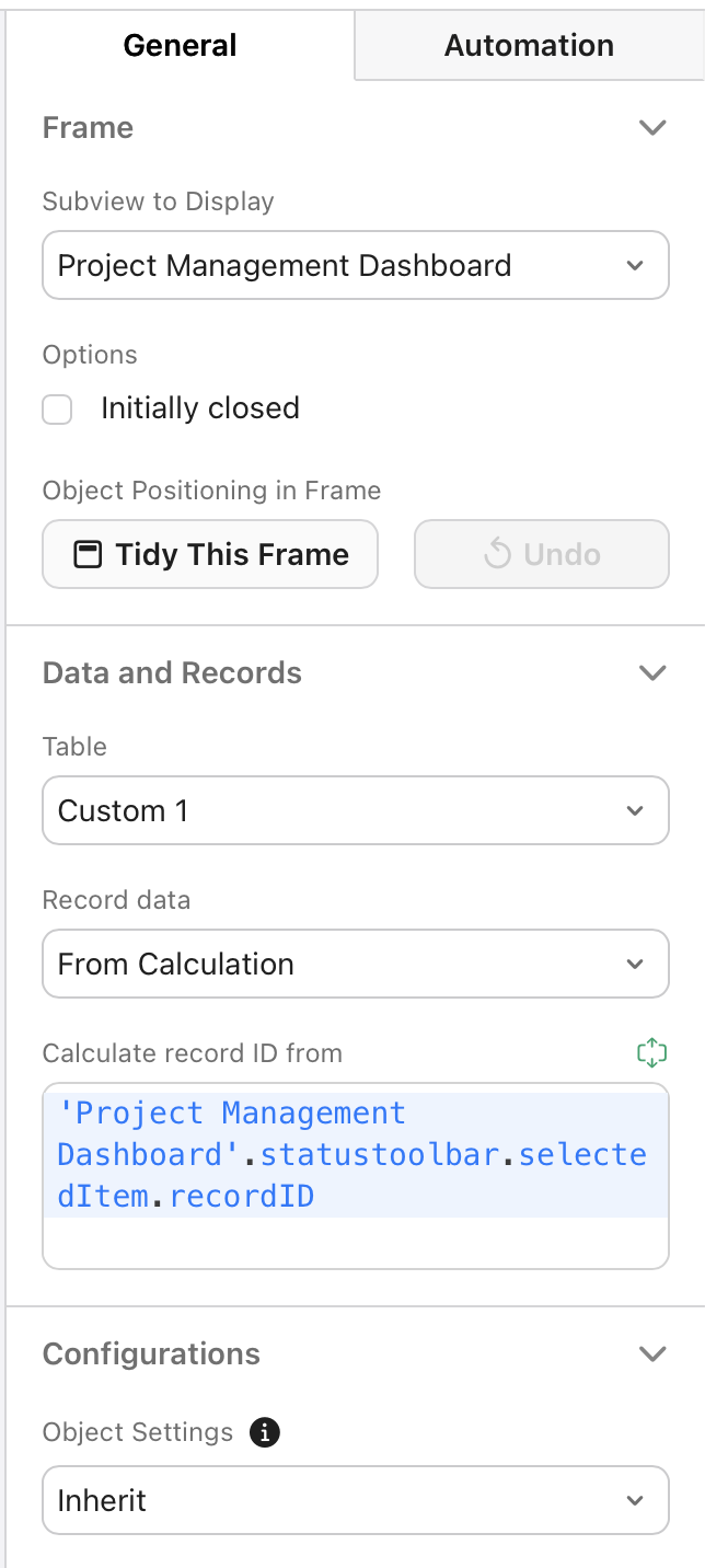 Frames, Property Pane, General