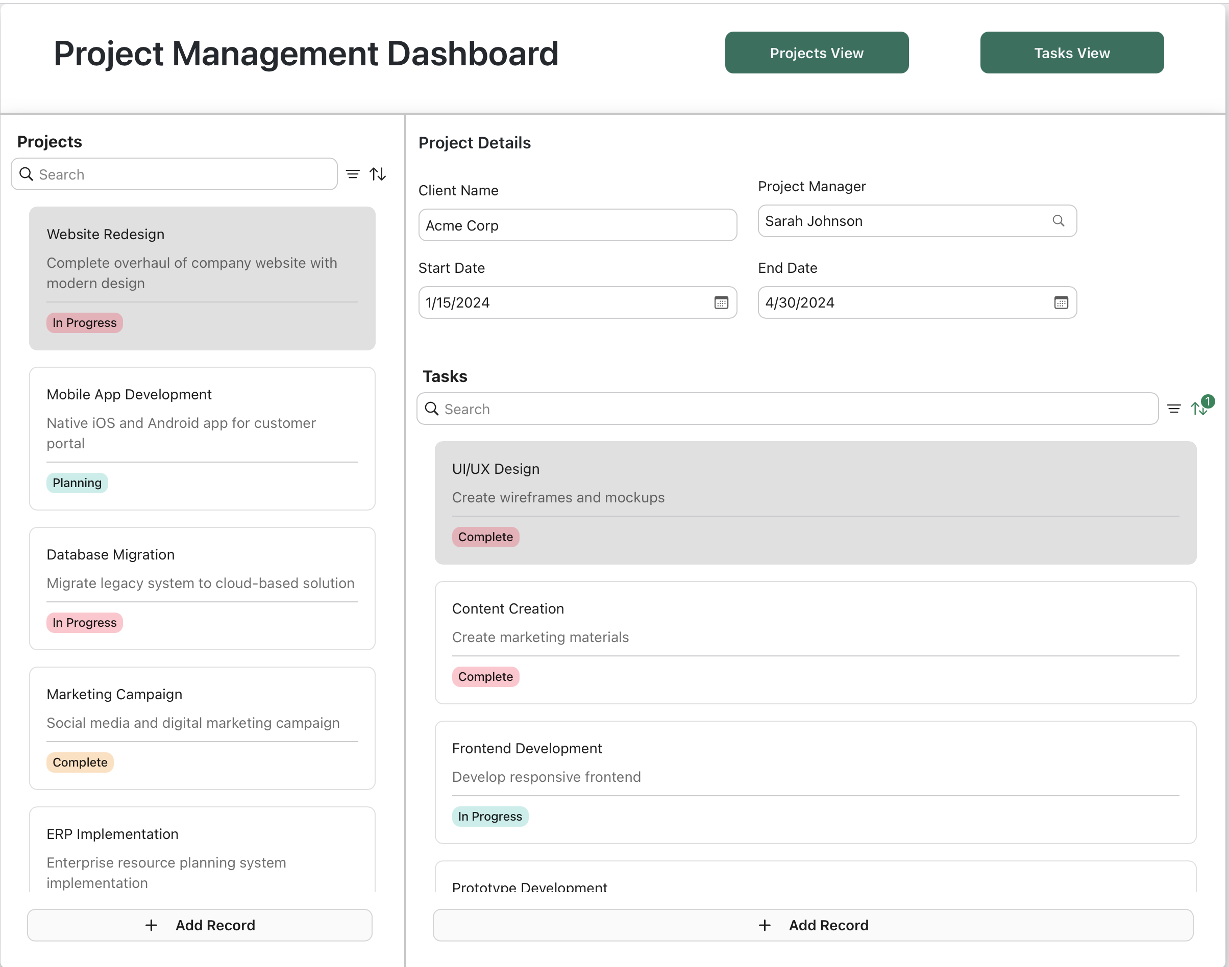 Frames example, Project Management Dashboard, Projects View