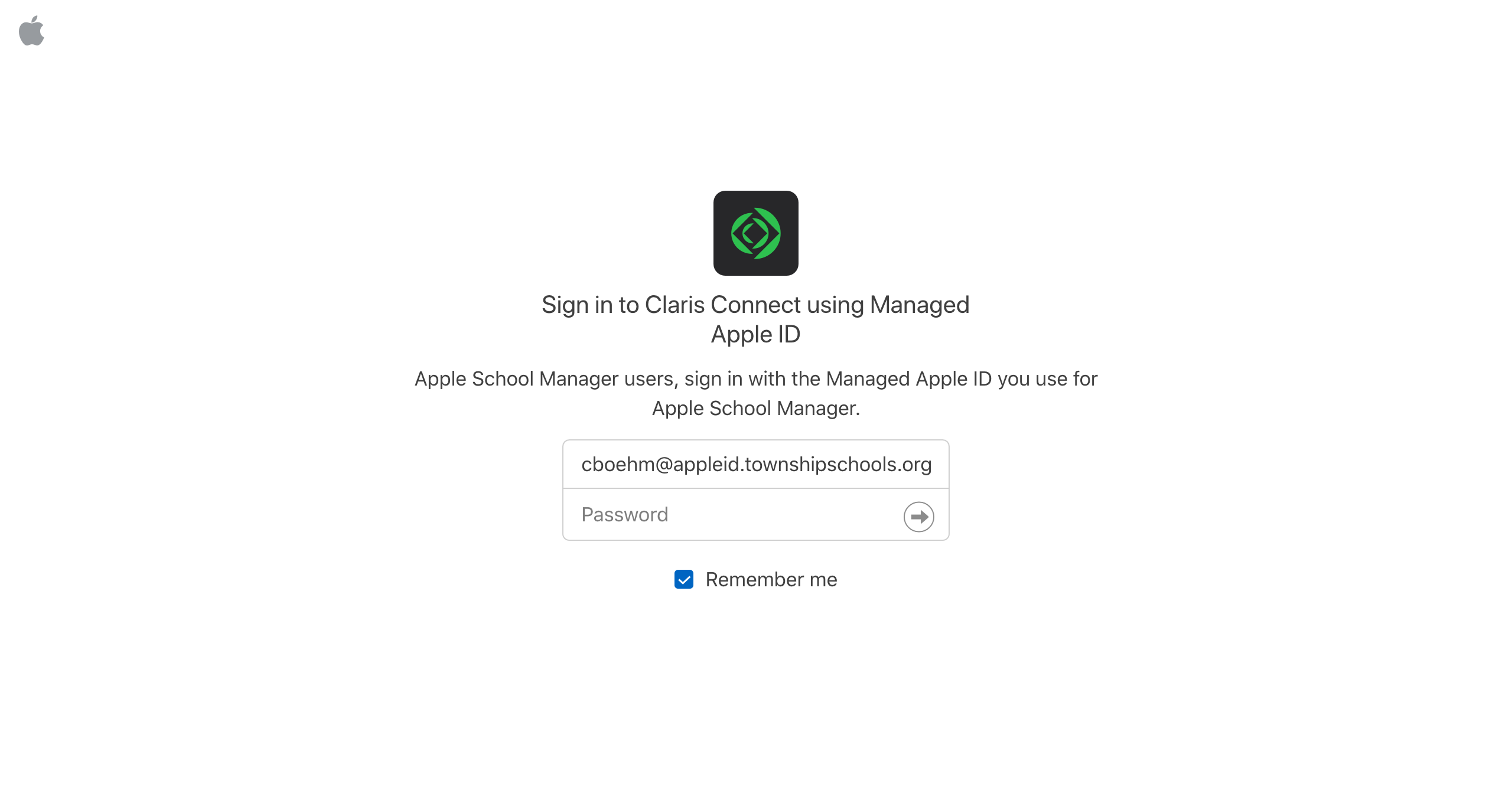 Iniciar sesión en Claris Connect con el ID de Apple gestionado, introducir la contraseña