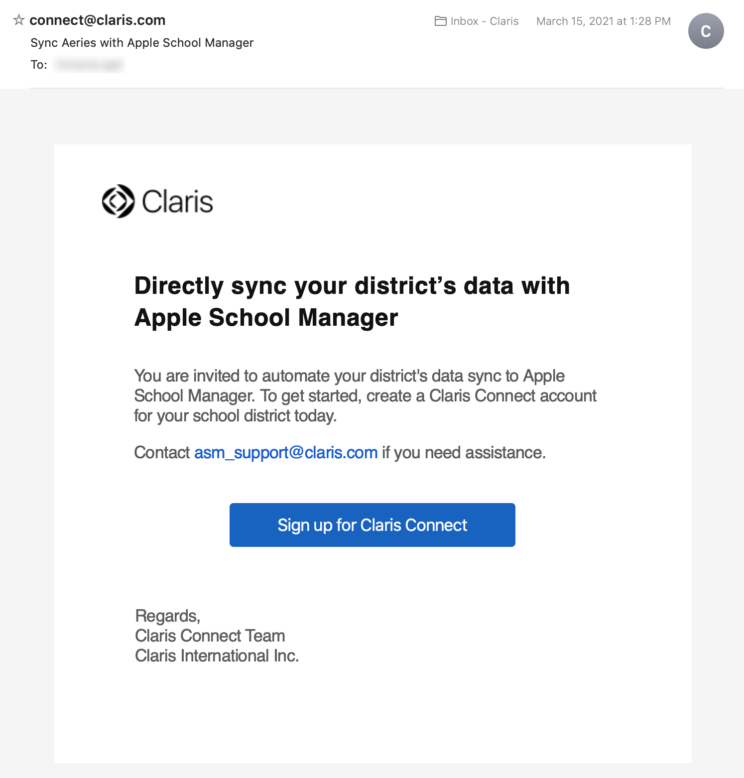 Invitación a registrarse en Claris Connect para sincronizar datos con Apple School Manager