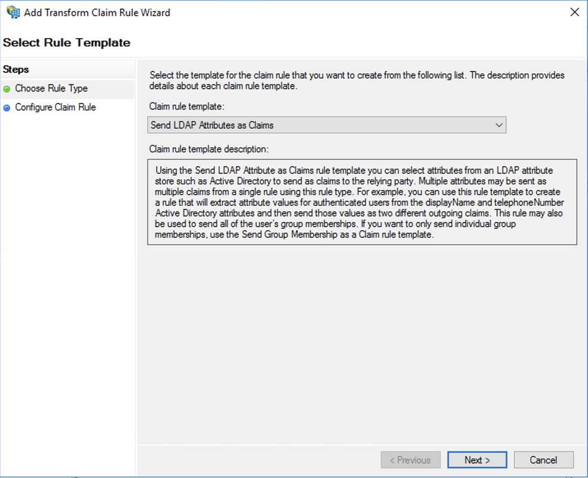 Servicios de federación de Active Directory, asistente de relación de confianza para usuario autenticado, seleccionar plantilla de regla