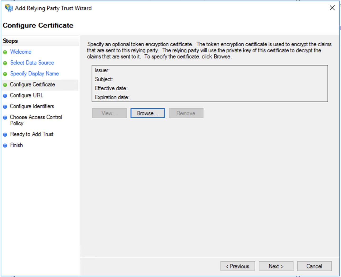 Servicios de federación de Active Directory, configurar certificado en asistente de relación de confianza para usuario autenticado