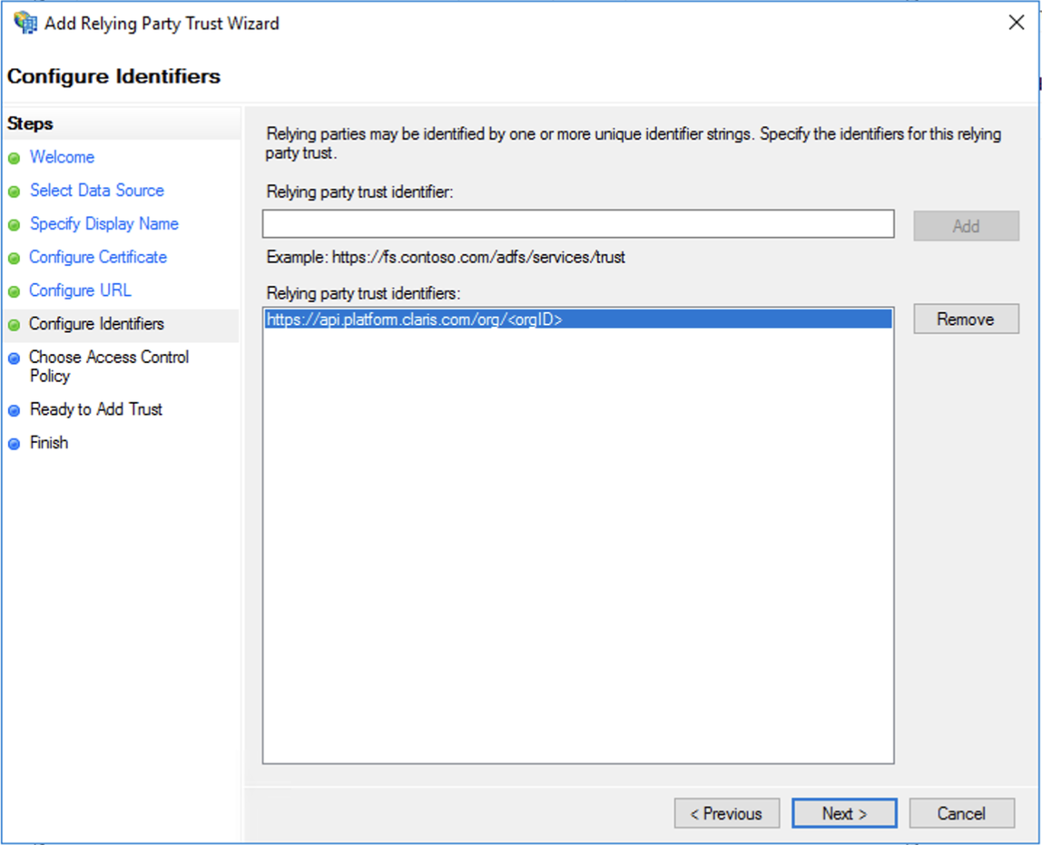 Servicios de federación de Active Directory, configurar identificadores en asistente de relación de confianza para usuario autenticado