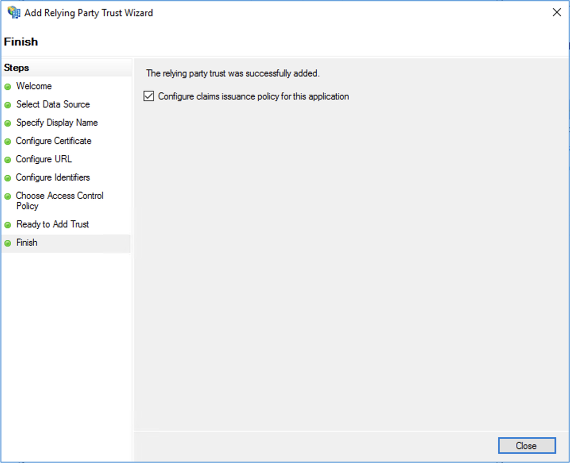 Servicios de federación de Active Directory, asistente de relación de confianza para usuario autenticado, finalizar