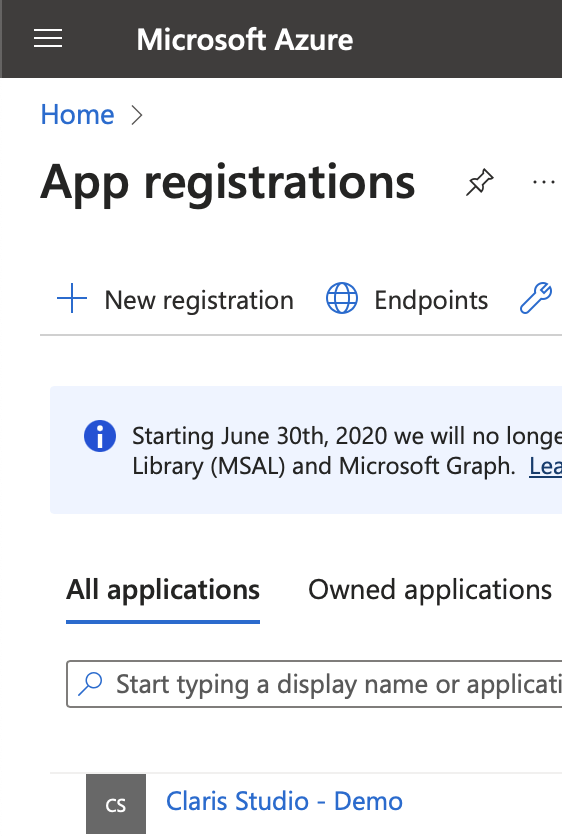Microsoft Azure, Registros de aplicaciones, Todas las aplicaciones, su aplicación