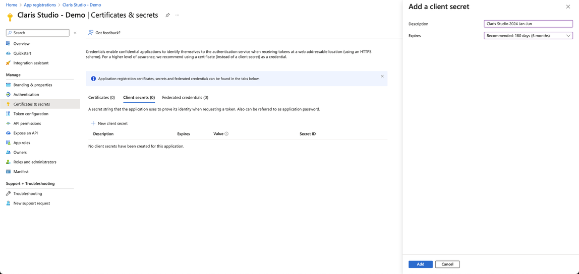 Microsoft Azure, Certificados y secretos, Nuevo secreto de cliente