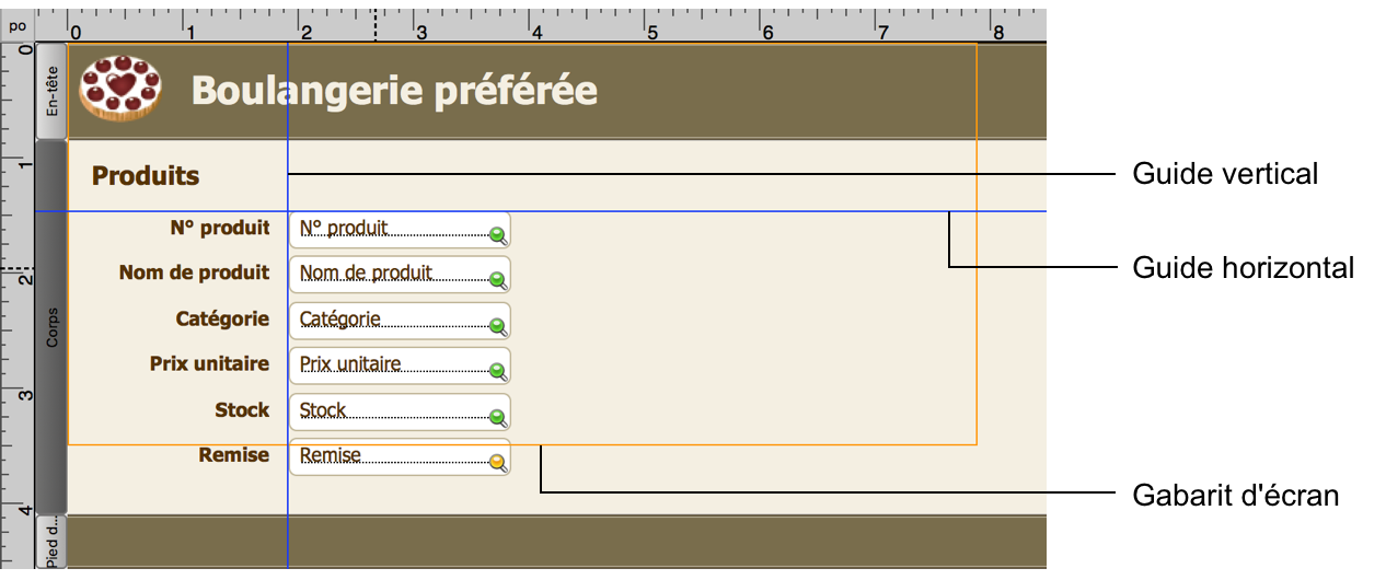 Modèle avec guides horizontaux et verticaux et gabarit d'écran affiché