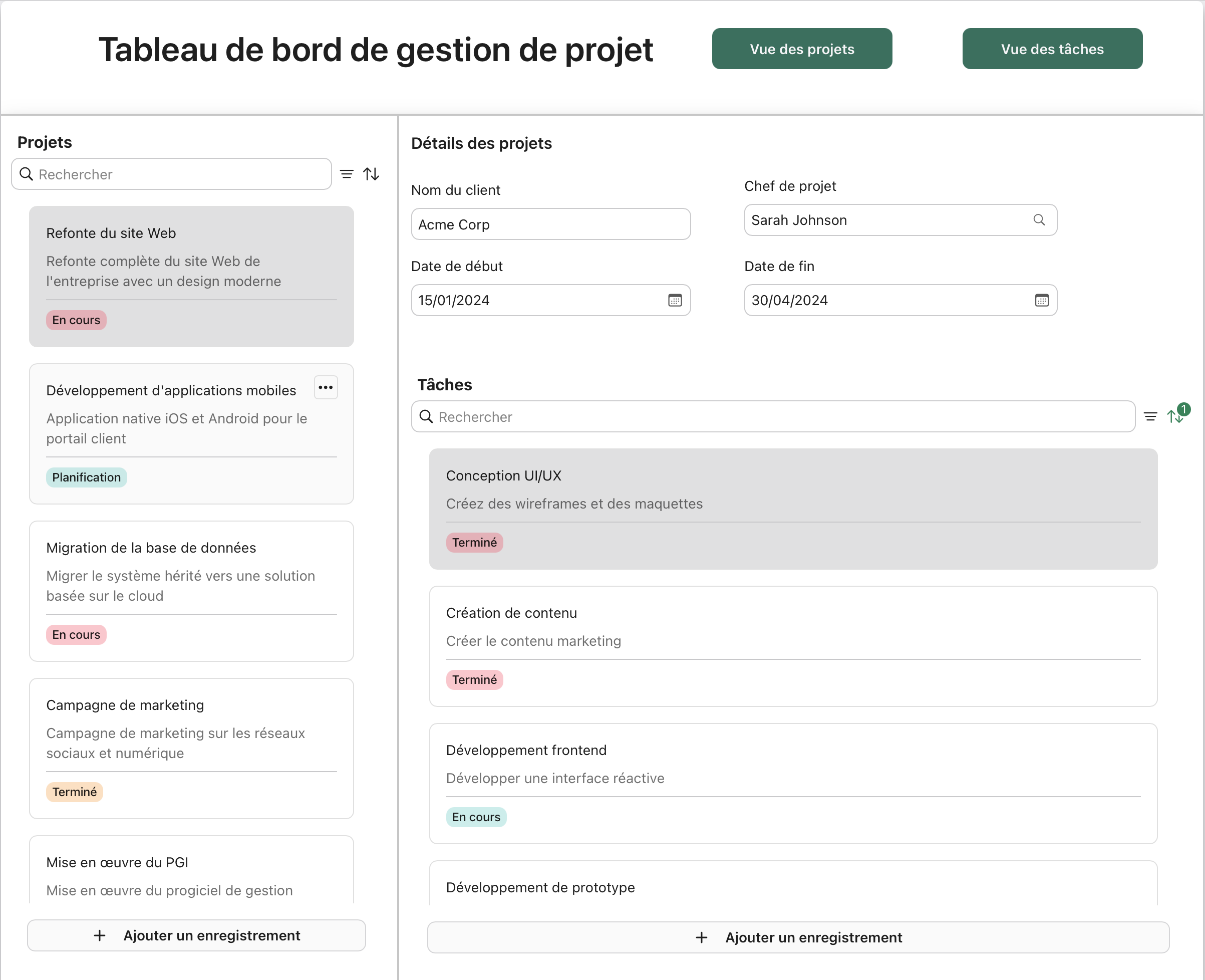 Exemple de cadres, Tableau de bord de gestion de projet, Vue des projets