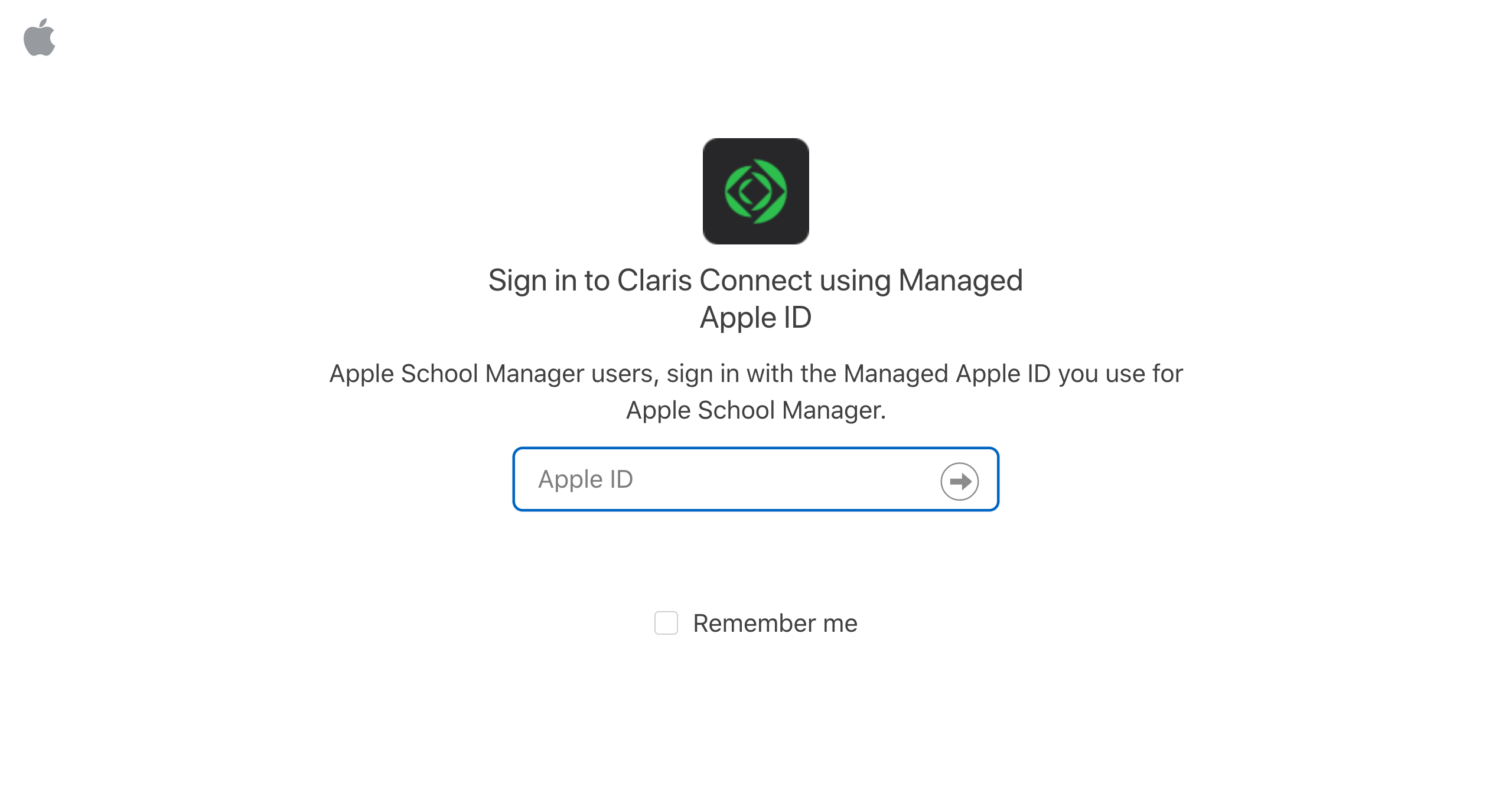 Entre no Claris Connect usando o ID Apple gerenciado, insira seu ID Apple