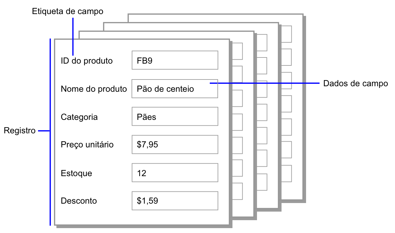 Exemplo de registros, dados de campo e etiquetas de campo