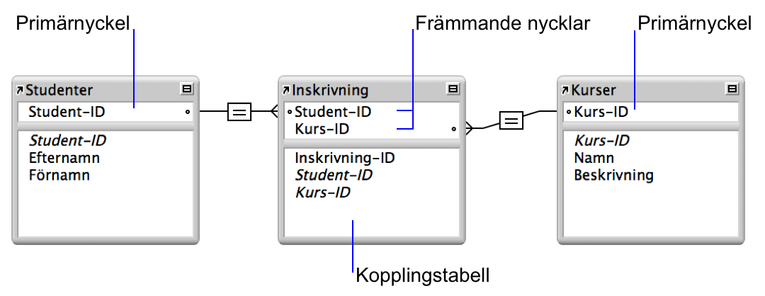 Tabellen Studenter och tabellen Kurser som vardera har en relationslinje till kopplingstabellen Inskrivning