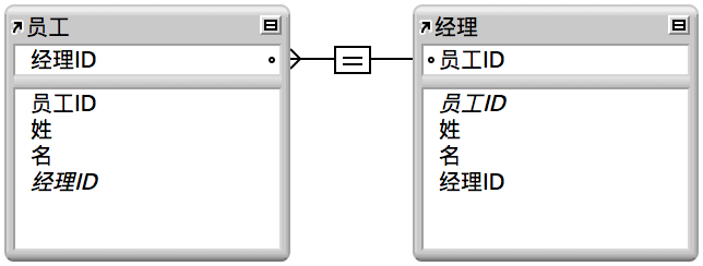 同一表的两个摹本，字段之间有一条表示自联接的连线